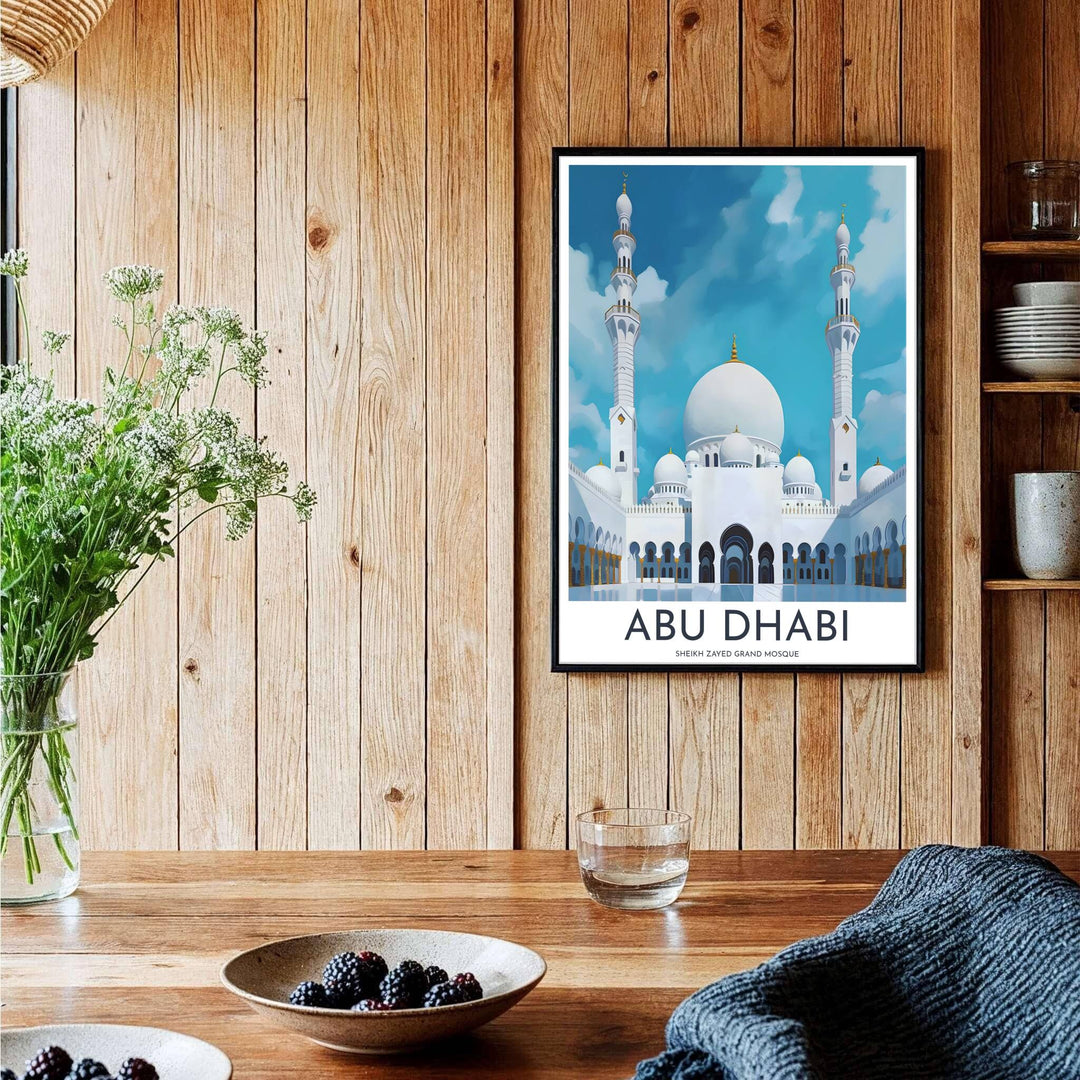 Symmetrical vector graphic print of historic Sheikh Zayed Grand Mosque showing central marble dome, tall minarets, and courtyard arcades. Curated by MapYourDreams, this artwork is available in flexible options including unframed paper, custom wooden frames, and gallery canvas wraps tailored for interior design.