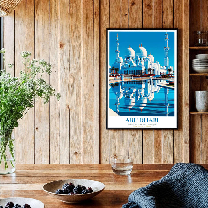Symmetrical vector graphic print of historic Sheikh Zayed Grand Mosque showing central marble domes and inverted water reflection lines. Curated by MapYourDreams, this artwork is available in flexible options including unframed paper, custom wooden frames, and gallery canvas wraps tailored for interior design.