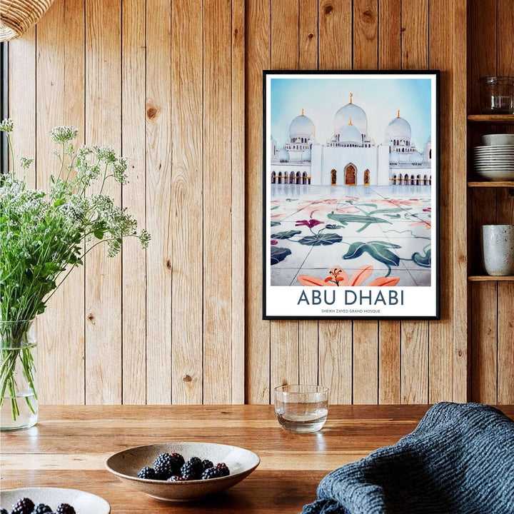 Symmetrical watercolor print of historic Sheikh Zayed Grand Mosque showing courtyard floor floral art and soaring white marble domes. Curated by MapYourDreams, this artwork is available in flexible options including unframed paper, custom wooden frames, and gallery canvas wraps tailored for interior design.