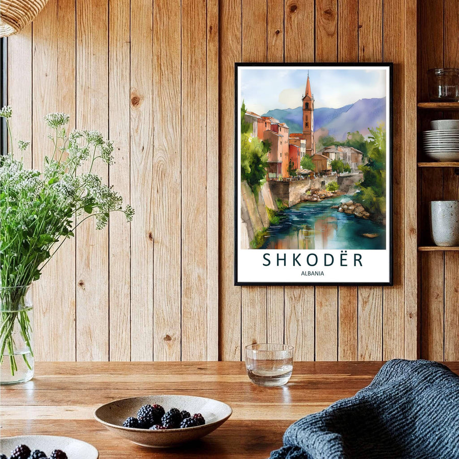 A captivating European travel poster illustrating Shkodër river townscape, framed by clean white borders and elegant cartographic typography at the base. Choose from several presentation options including unframed paper, custom frames, and gallery canvas wraps.