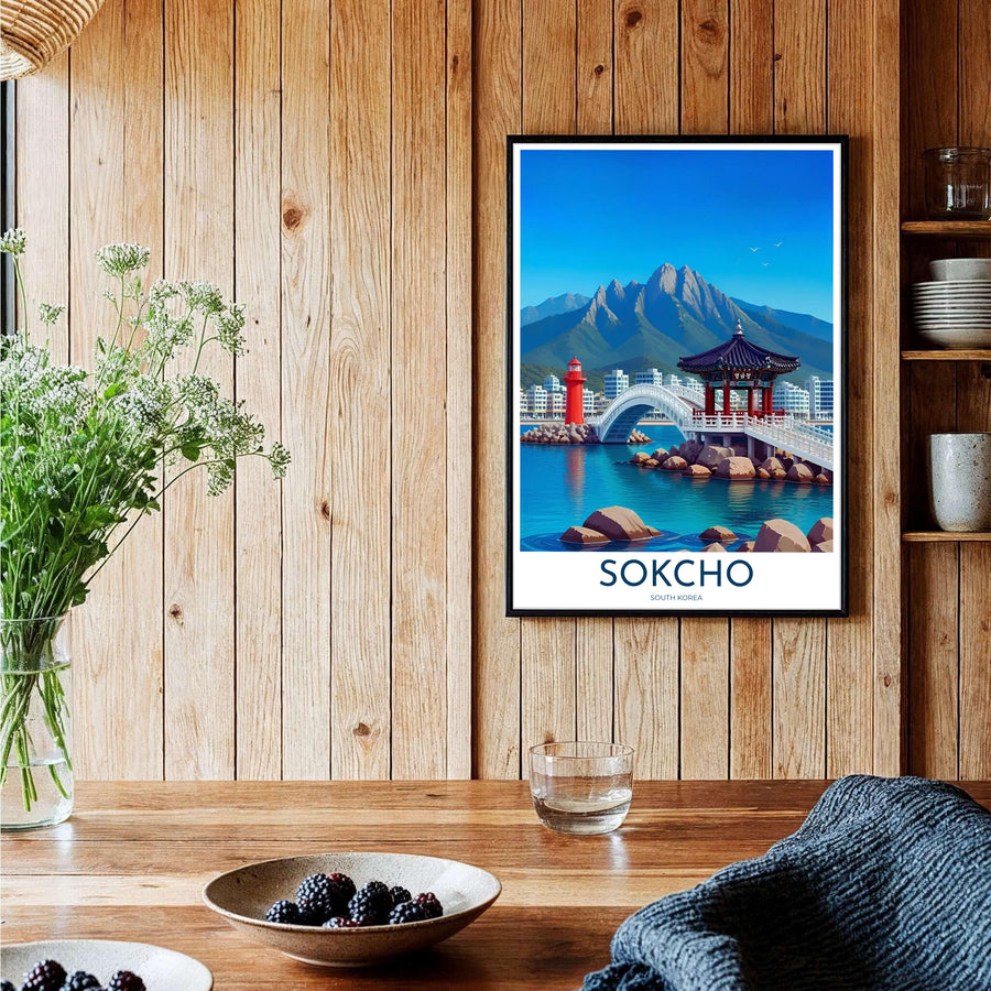 Elegant turquoise and slate blue travel wall art featuring Yeonggeumjeong Pavilion and Seoraksan Mountain in Sokcho South Korea, curated by MapYourDreams across unframed archival paper, natural wood frames, and gallery stretched canvas to deliver premium quality print aesthetics.