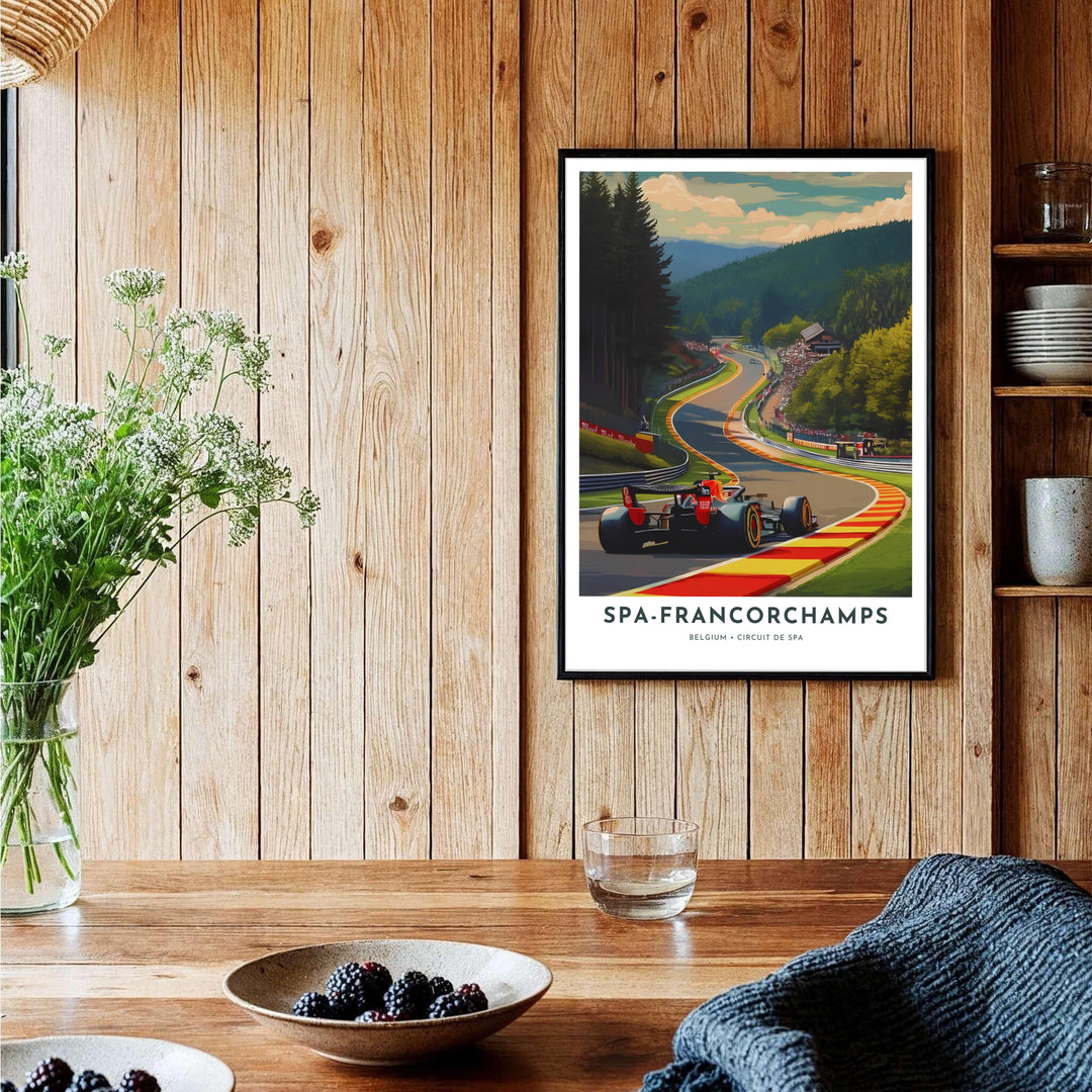 Elegant motorsport poster celebrating the historic Circuit de Spa-Francorchamps in Belgium with crisp colors and timeless aesthetics. Offered by MapYourDreams, this artwork is available in flexible options including unframed paper, custom wooden frames, and gallery canvas wraps.