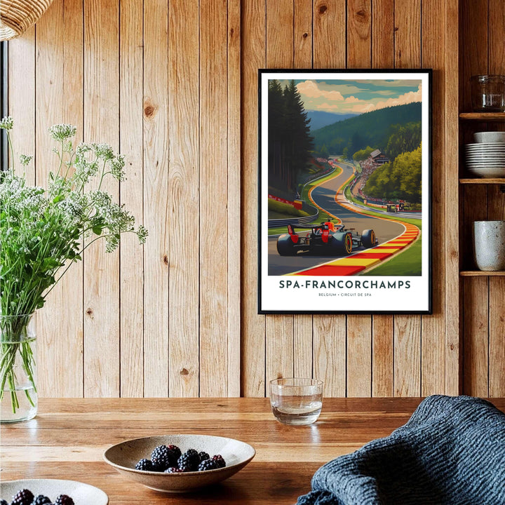 Elegant motorsport poster celebrating the historic Circuit de Spa-Francorchamps in Belgium with crisp colors and timeless aesthetics. Offered by MapYourDreams, this artwork is available in flexible options including unframed paper, custom wooden frames, and gallery canvas wraps.