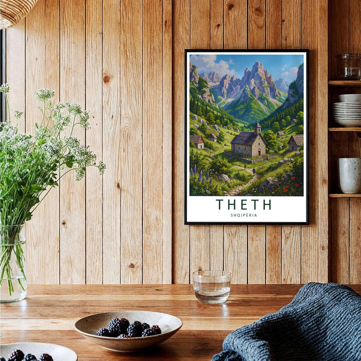 A captivating European travel poster illustrating Theth village and church, framed by clean white borders and bold sans-serif cartographic typography. Choose from several presentation options including unframed paper, custom frames, and gallery canvas wraps.