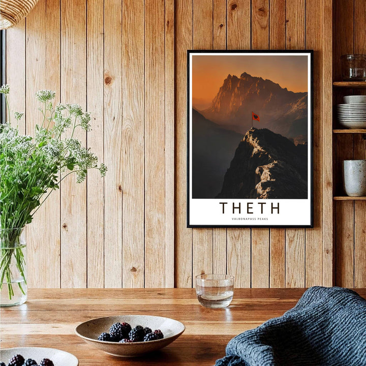 A captivating European travel poster illustrating Valbona Pass peaks, framed by clean white borders and bold serif cartographic typography below. Choose from several presentation options including unframed paper, custom frames, and gallery canvas wraps.