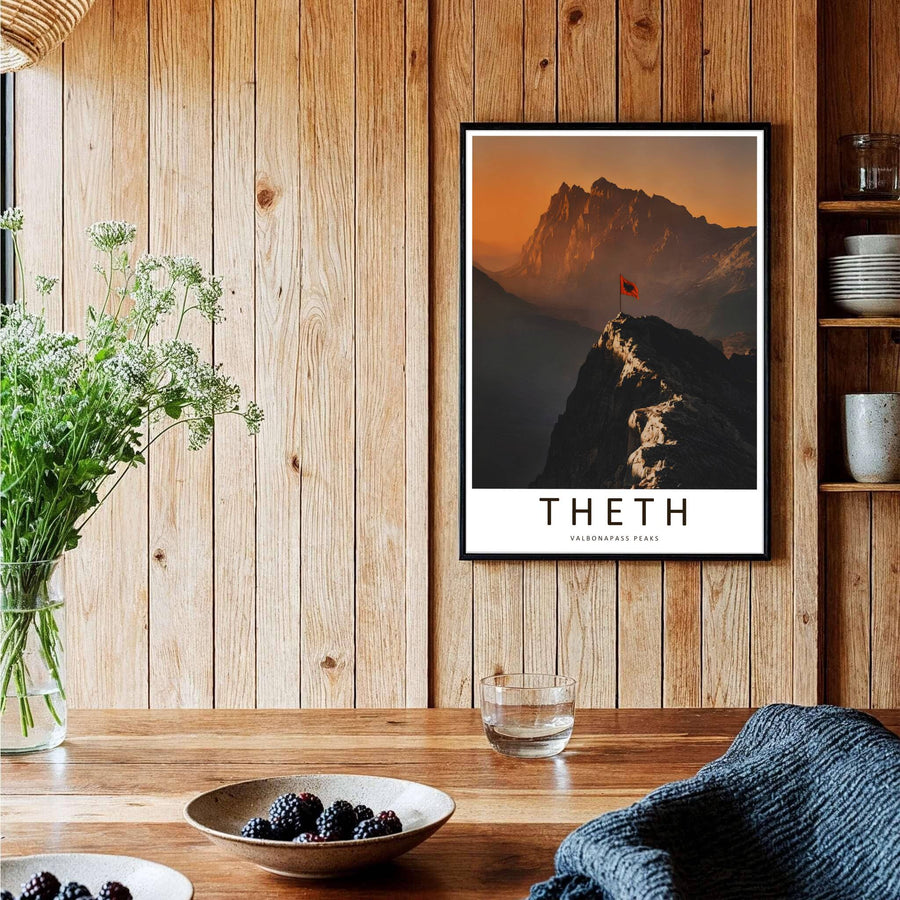 A captivating European travel poster illustrating Valbona Pass peaks, framed by clean white borders and bold serif cartographic typography below. Choose from several presentation options including unframed paper, custom frames, and gallery canvas wraps.