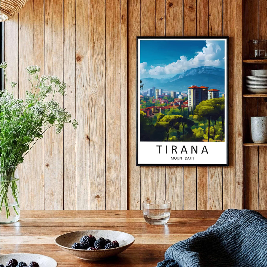 A captivating European travel poster illustrating Tirana skyline, framed by clean white borders and bold sans-serif cartographic typography. Choose from several presentation options including unframed paper, custom frames, and gallery canvas wraps.