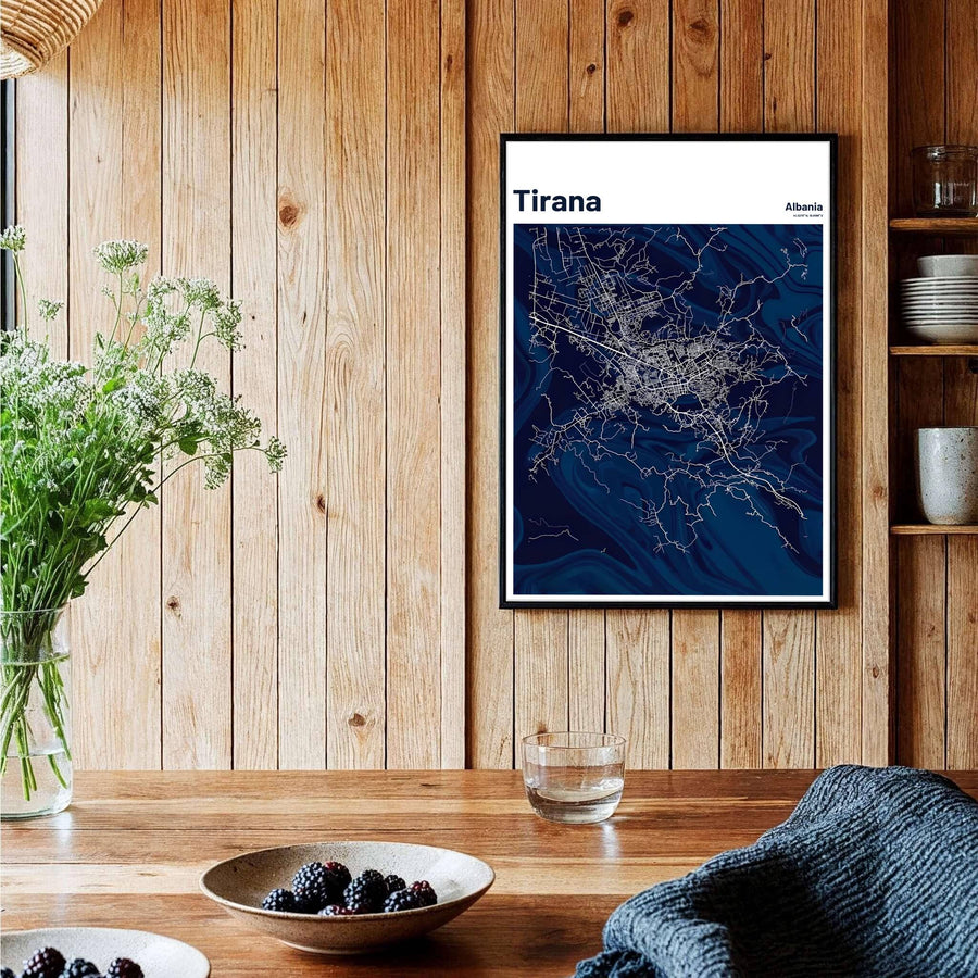 A sophisticated navy and white geographical map of Tirana, Albania, framed by clean borders in a vertical portrait format. Available across multiple formats including unframed paper, tailored wooden frames, and gallery-wrapped canvas options.