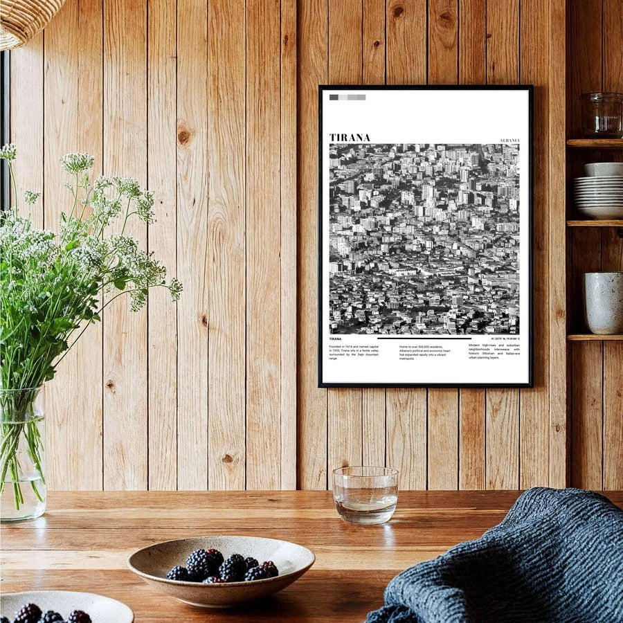 A captivating European travel poster illustrating Tirana aerial density through Black &amp; White photography, framed by clean white borders and bold serif cartographic typography at the base. Choose from several presentation options including unframed paper, custom frames, and gallery canvas wraps.