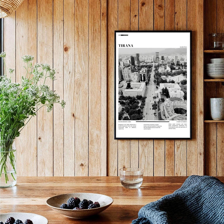 A captivating European travel poster illustrating Tirana boulevard perspective through Black &amp; White photography, framed by clean white borders and bold serif cartographic typography at the base. Choose from several presentation options including unframed paper, custom frames, and gallery canvas wraps.