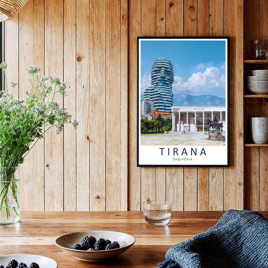 A captivating European travel poster illustrating Tirana downtown architecture, framed by clean white borders and bold serif cartographic typography. Choose from several presentation options including unframed paper, custom frames, and gallery canvas wraps.