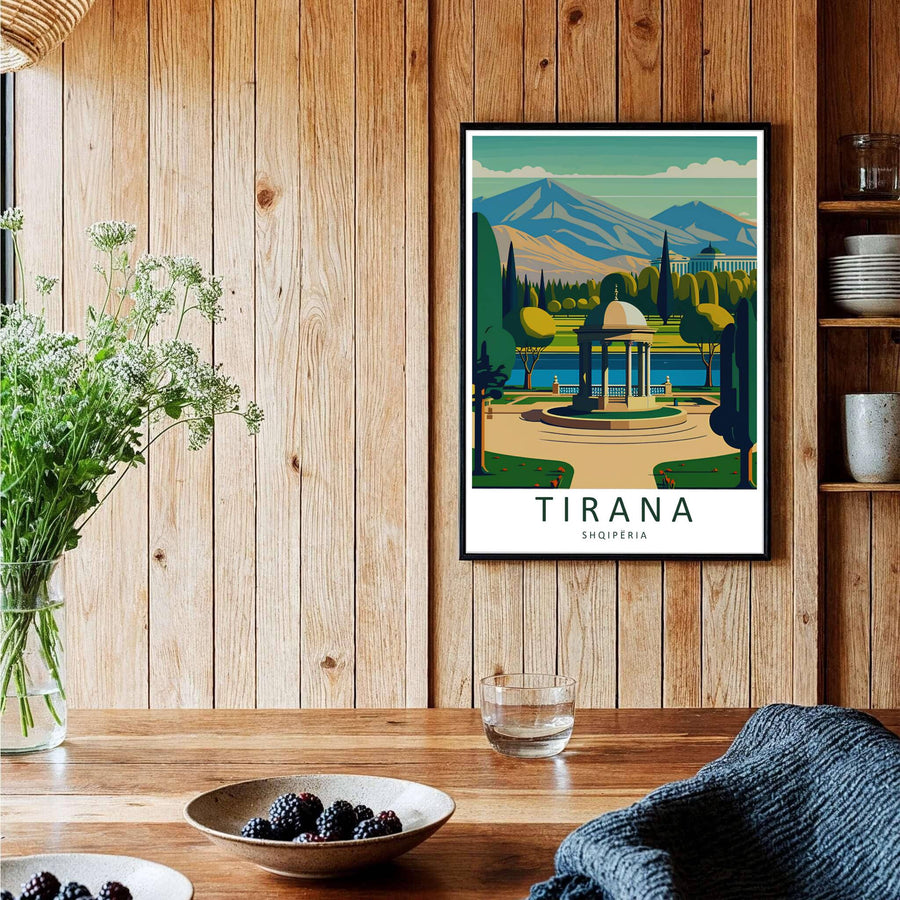 A captivating European travel poster illustrating Tirana Grand Park, framed by clean white borders and bold serif cartographic typography at the base. Choose from several presentation options including unframed paper, custom frames, and gallery canvas wraps.