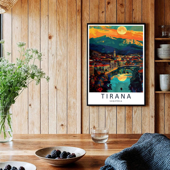 A captivating European travel poster illustrating Tirana Kulla e Sahatit at sunset, framed by clean white borders and bold serif cartographic typography. Choose from several presentation options including unframed paper, custom frames, and gallery canvas wraps.