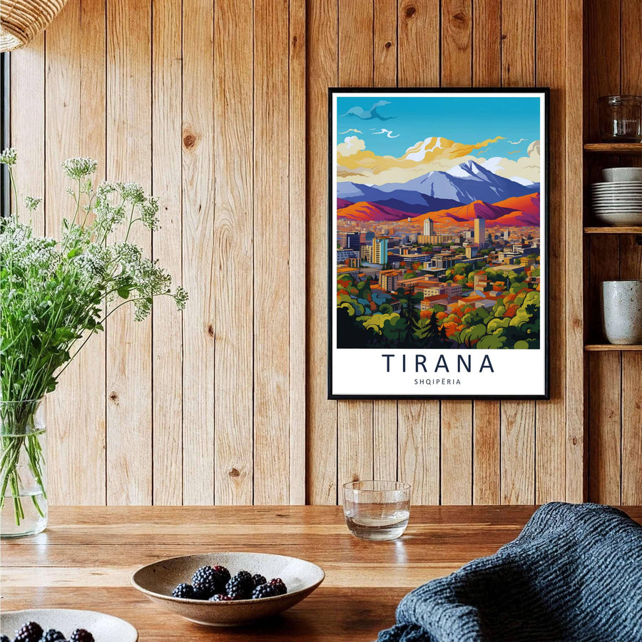 A captivating European travel poster illustrating Tirana skyline and Mount Dajti at sunset, framed by clean white borders and bold serif cartographic typography. Choose from several presentation options including unframed paper, custom frames, and gallery canvas wraps.