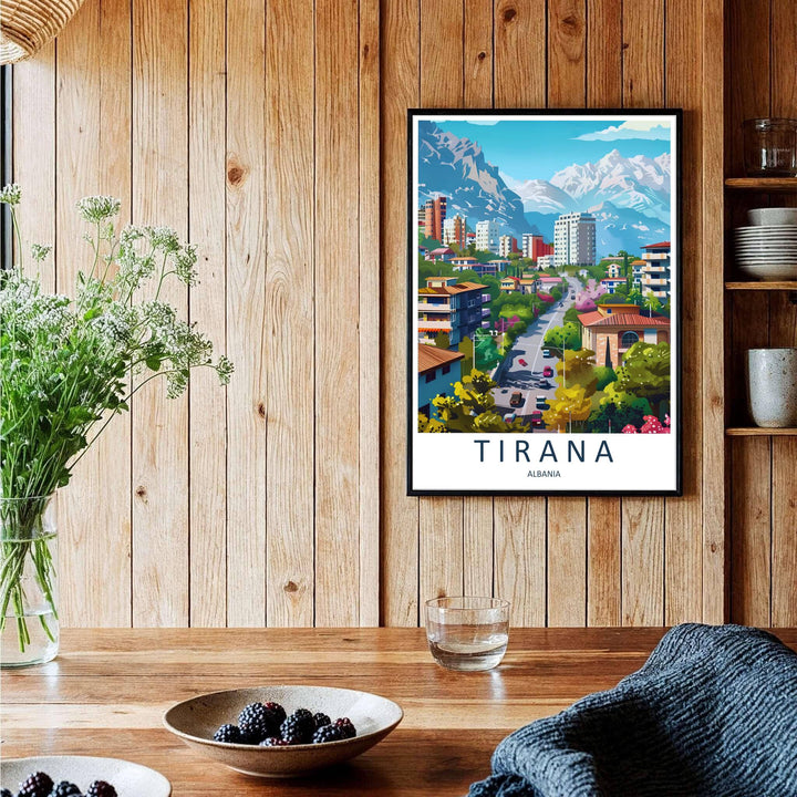 A captivating European travel poster illustrating Tirana street avenue and mountain peaks, framed by clean white borders and bold serif cartographic typography. Choose from several presentation options including unframed paper, custom frames, and gallery canvas wraps.
