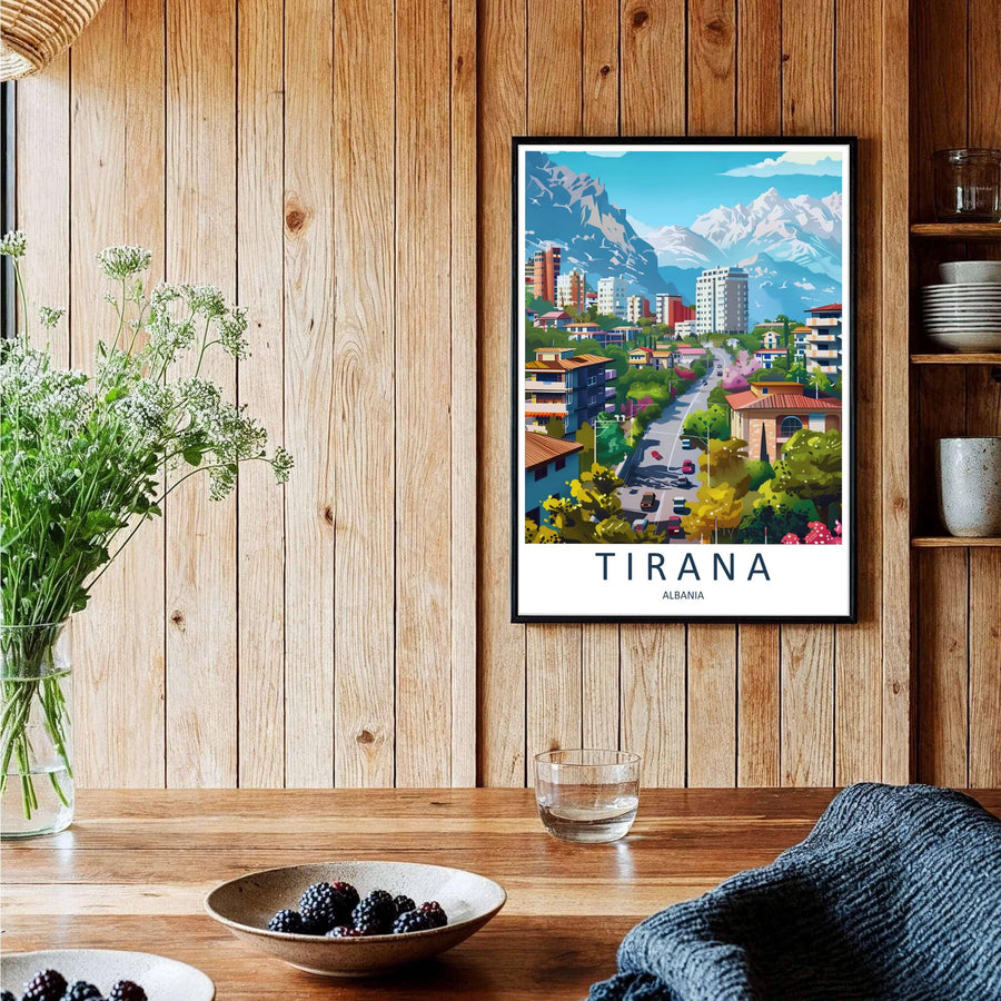 A captivating European travel poster illustrating Tirana street avenue and mountain peaks, framed by clean white borders and bold serif cartographic typography. Choose from several presentation options including unframed paper, custom frames, and gallery canvas wraps.