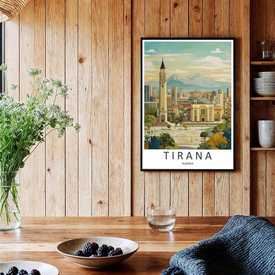 A captivating European travel poster illustrating the Orthodox Cathedral in Tirana, framed by clean white borders and bold serif cartographic typography at the base. Choose from several presentation options including unframed paper, custom frames, and gallery canvas wraps.