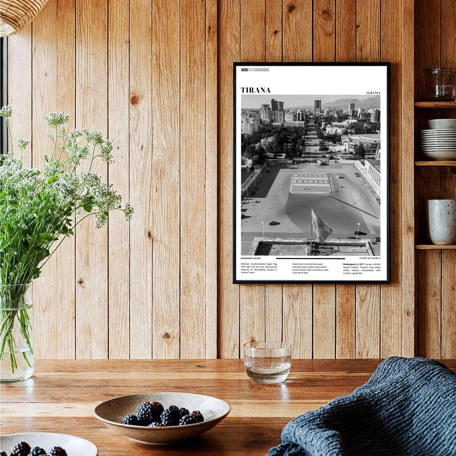 A captivating European travel poster illustrating Tirana square perspective through Black &amp; White photography, framed by clean white borders and bold serif cartographic typography at the base. Choose from several presentation options including unframed paper, custom frames, and gallery canvas wraps.