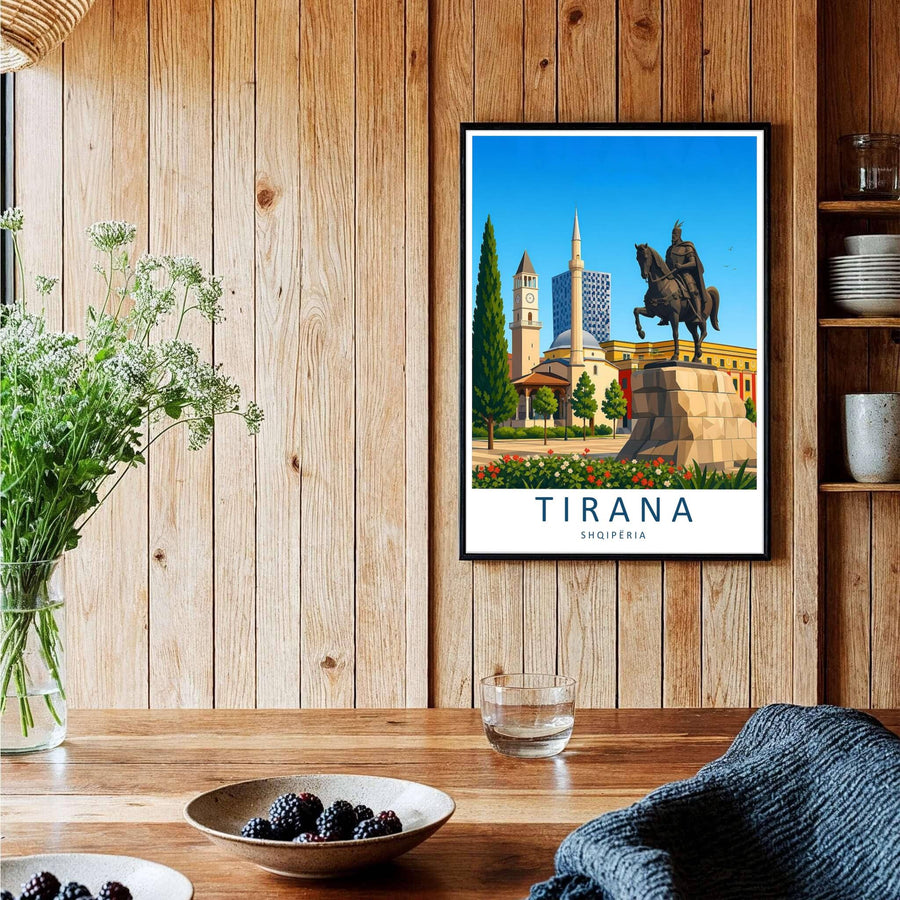 A captivating European travel poster illustrating the Skanderbeg Monument in Tirana, framed by clean white borders and bold serif cartographic typography at the base. Choose from several presentation options including unframed paper, custom frames, and gallery canvas wraps.