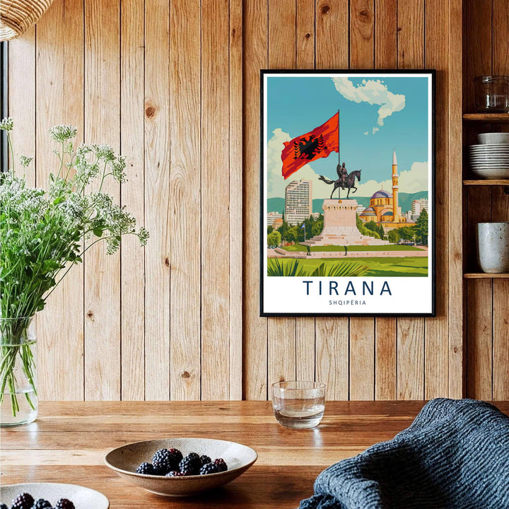 A captivating European travel poster illustrating Skanderbeg Square in Tirana, framed by clean white borders and bold serif cartographic typography at the base. Choose from several presentation options including unframed paper, custom frames, and gallery canvas wraps.