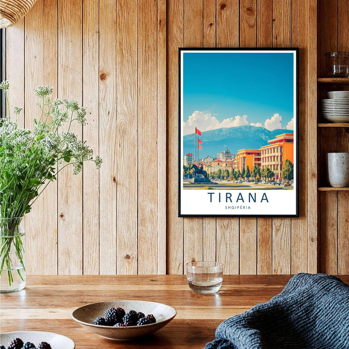 A captivating European travel poster illustrating Skanderbeg Square and Dajti mountain in Tirana, framed by clean white borders and bold serif cartographic typography at the base. Choose from several presentation options including unframed paper, custom frames, and gallery canvas wraps.
