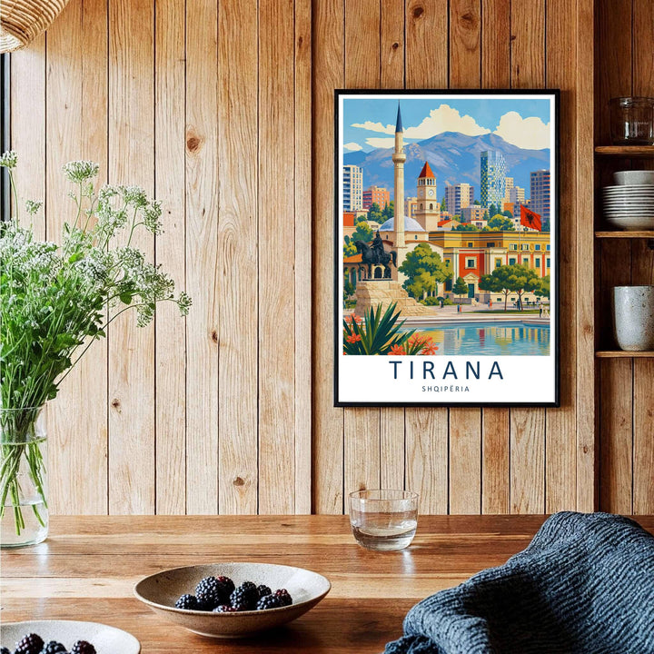 A captivating European travel poster illustrating Skanderbeg Square in Tirana, framed by clean white borders and bold serif cartographic typography at the base. Choose from several presentation options including unframed paper, custom frames, and gallery canvas wraps.