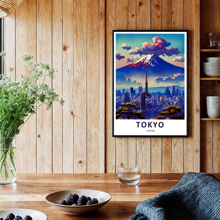 Asian travel poster featuring Mount Fuji and Tokyo Tower with anime inspired lighting and vivid colors. Offered by MapYourDreams, this artwork is available in flexible options including unframed paper, custom wooden frames, and gallery canvas wraps.