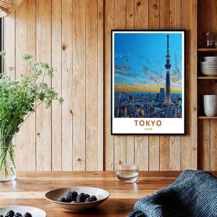 Impressive Tokyo Japan skyline view print featuring the iconic Skytree tower and illuminated street grid. Offered by MapYourDreams, this artwork is available in flexible options including unframed paper, custom wooden frames, and gallery canvas wraps.