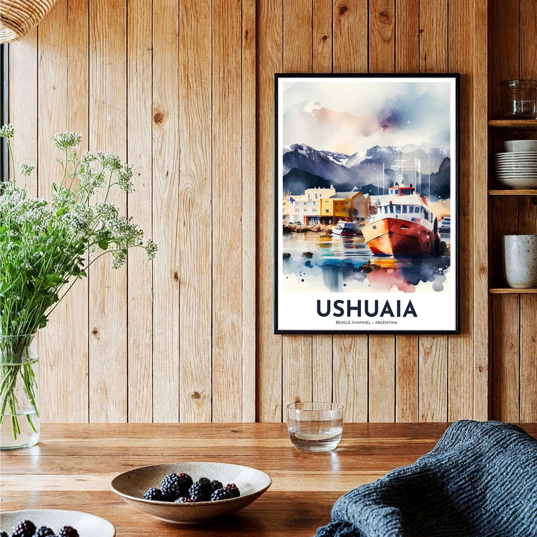 Bringing cool navy blue tones and warm red boat accents onto your walls, this Ushuaia port poster pairs tranquil harbor waters with rugged mountain heights, curated by MapYourDreams in unframed paper, timber frames, and canvas wraps.
