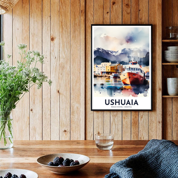 Bringing cool navy blue tones and warm red boat accents onto your walls, this Ushuaia port poster pairs tranquil harbor waters with rugged mountain heights, curated by MapYourDreams in unframed paper, timber frames, and canvas wraps.