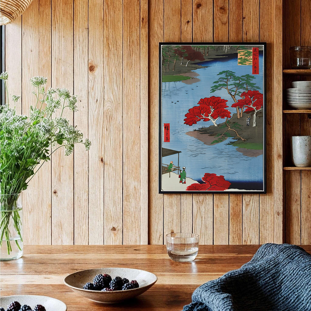 Authentic Japanese landscape poster Akiba Shrine Ukeji artwork by artist Utagawa Hiroshige referencing historic Ukiyo-e archives in Akiba Shrine Ukeji. Order custom framed, unframed paper, or textured canvas print options from MapYourDreams.