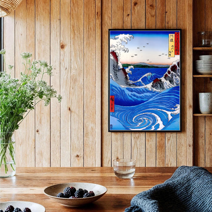 Authentic Japanese ocean wave poster Naruto Whirlpool Awa Province artwork by artist Utagawa Hiroshige referencing historic marine archives in Naruto Whirlpool Awa Province. Order custom framed, unframed paper, or textured canvas print options from MapYourDreams.