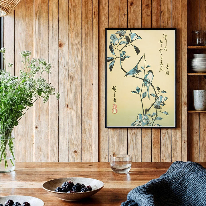 Authentic Japanese bird poster Birds Flowering Branch artwork by artist Utagawa Hiroshige referencing historic botanical archives in Edo Botanical Garden. Order custom framed, unframed paper, or textured canvas print options from MapYourDreams.