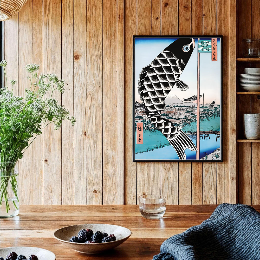 Authentic Japanese Mount Fuji poster Giant Carp Streamer artwork by artist Utagawa Hiroshige referencing historic Ukiyo-e archives in Mount Fuji Suidō Bridge. Order custom framed, unframed paper, or textured canvas print options from MapYourDreams.
