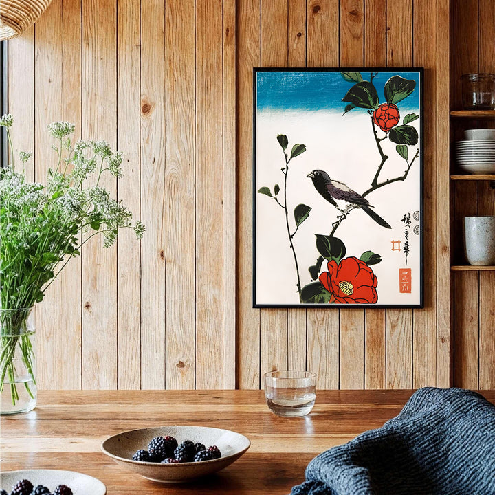 Authentic Japanese floral poster Java Sparrow Camellia artwork by artist Utagawa Hiroshige referencing historic Ukiyo-e archives in Kyoto Camellia Garden. Order custom framed, unframed paper, or textured canvas print options from MapYourDreams.