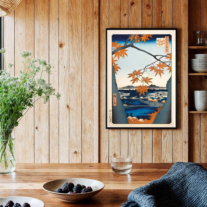 Authentic Japanese countryside poster Maple Trees at Mama artwork by artist Utagawa Hiroshige referencing 100 Famous Views of Edo at Maple Trees at Mama and Tekona Shrine. Order custom framed, unframed paper, or textured canvas print options from MapYourDreams.