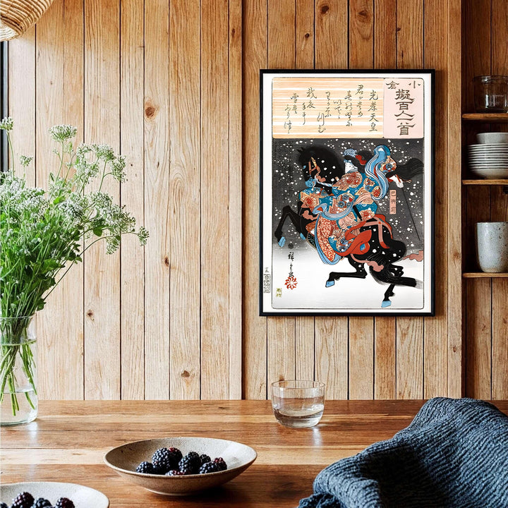 Historic Japanese warrior poster Emperor Koko Tomoe Gozen artwork by artist Utagawa Kunisada referencing Ogura Hyakunin Isshu at Kurikara Pass Battleground. Order custom framed, unframed paper, or textured canvas print options from MapYourDreams.