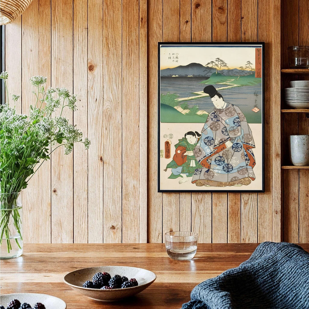 Vintage Japanese woodblock poster Chiryu Yatsuhashi by artist Utagawa Kunisada and Utagawa Hiroshige displaying zig-zag bridge at Chiryu Post Station and Yatsuhashi Bridge. Shop high-definition framed, unframed, and canvas art print choices at MapYourDreams.