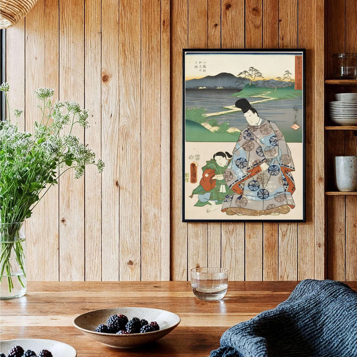 Vintage Japanese woodblock poster Chiryu Yatsuhashi by artist Utagawa Kunisada and Utagawa Hiroshige displaying zig-zag bridge at Chiryu Post Station and Yatsuhashi Bridge. Shop high-definition framed, unframed, and canvas art print choices at MapYourDreams.