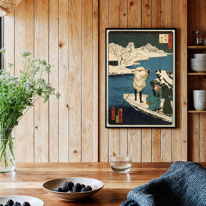 Authentic Japanese winter print Hashiba Ferry artwork by artist Utagawa Kunisada and Utagawa Hiroshige II referencing Edo snow views at Hashiba Ferry and Sumida River. Order custom framed, unframed paper, or textured canvas print options from MapYourDreams.