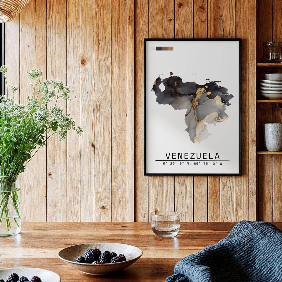 Detailed geography artwork representing the country borders and official national coordinates of Venezuela in a fluid art style. Brought to you by MapYourDreams, this item can be ordered on archival paper, in custom wooden frames, or wrapped on canvas.