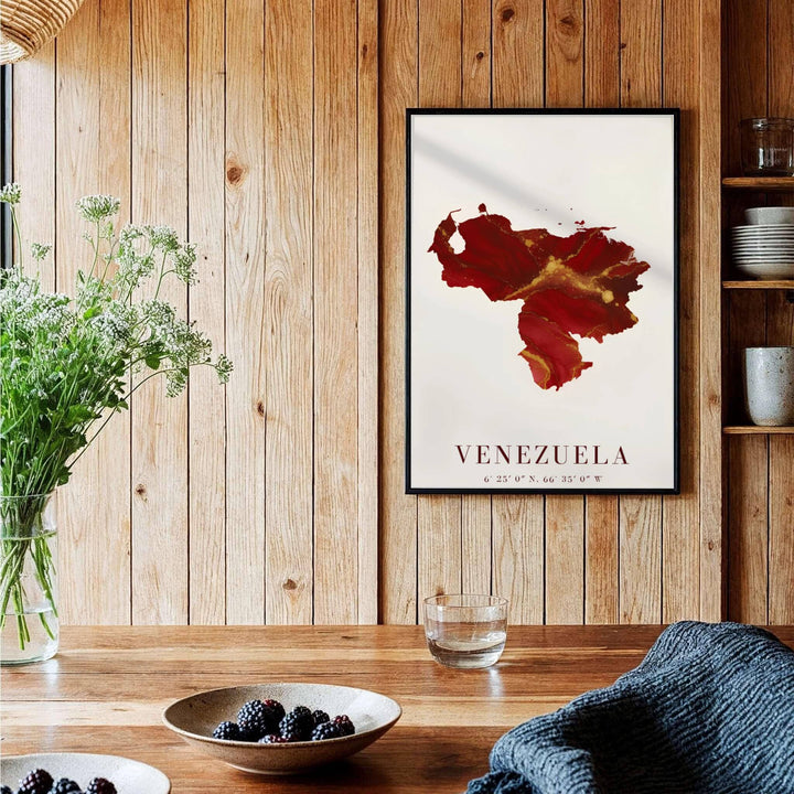 Detailed geography artwork representing the country borders and official national coordinates of Venezuela in a crimson fluid art style. Brought to you by MapYourDreams, this item can be ordered on archival paper, in custom wooden frames, or wrapped on canvas.