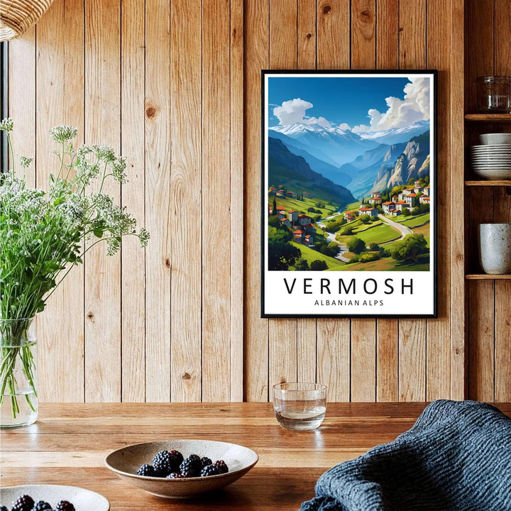 A captivating European travel poster illustrating the alpine village of Vermosh, framed by clean white borders and bold serif cartographic typography at the base. Choose from several presentation options including unframed paper, custom frames, and gallery canvas wraps.