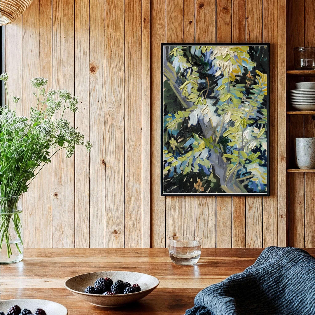 Floral post-impressionism fine art poster of Vincent van Gogh Blossoming Acacia Branches 1890 showcasing yellow blossoms in Auvers-sur-Oise France. MapYourDreams delivers archival framed wall art, unframed paper prints, and gallery canvas wall decor for stylish home office interiors.