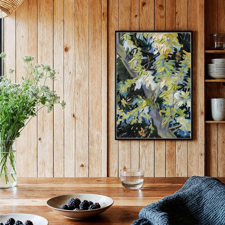 Floral post-impressionism fine art poster of Vincent van Gogh Blossoming Acacia Branches 1890 showcasing yellow blossoms in Auvers-sur-Oise France. MapYourDreams delivers archival framed wall art, unframed paper prints, and gallery canvas wall decor for stylish home office interiors.