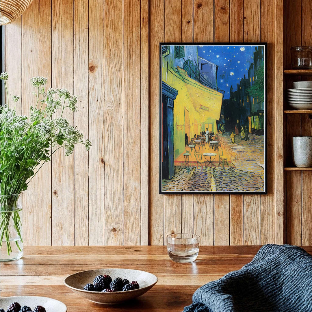 Expressive color contrast print of Vincent van Gogh Cafe Terrace at Night 1888 illustrating glowing lanterns on Place du Forum in Arles France. Shop high-definition framed prints, unframed paper posters, and stretched canvas options directly at MapYourDreams for classical artwork layouts.