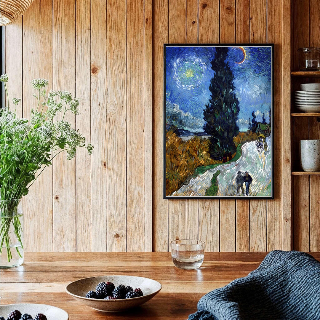 Expressive impasto countryside print of Vincent van Gogh Country Road in Provence by Night 1890 showing a central cypress tree in Saint-Rémy-de-Provence France. Shop high-definition framed prints, unframed paper posters, and stretched canvas options directly at MapYourDreams for home art displays.