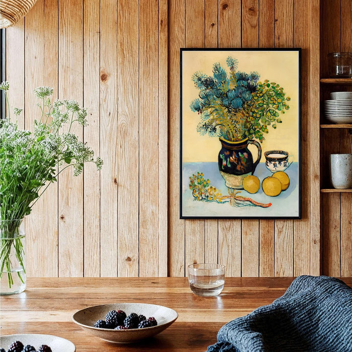 Historic 1888 artwork poster of Vincent van Gogh Majolica Jar Wildflowers 1888 rendered with blue and golden pigments in Arles France. Order custom framed prints, unframed paper wall art, or gallery canvas options from MapYourDreams to elevate your room aesthetics.
