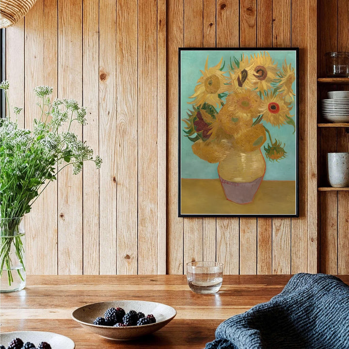 Expressive floral still life print of Vincent van Gogh Sunflowers on Blue 1888 painted in Arles France on a tranquil turquoise backdrop. Shop high-definition framed prints, unframed paper posters, and stretched canvas options directly at MapYourDreams for classic layouts.
