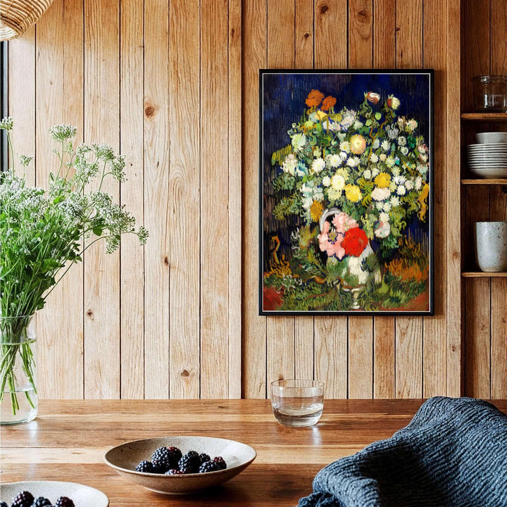Historic 1890 artwork poster of Vincent van Gogh Vase With Flowers 1890 rendered with rich contrasting pigments in Auvers-sur-Oise France. Order custom framed prints, unframed paper wall art, or gallery canvas options from MapYourDreams to elevate your room aesthetics.